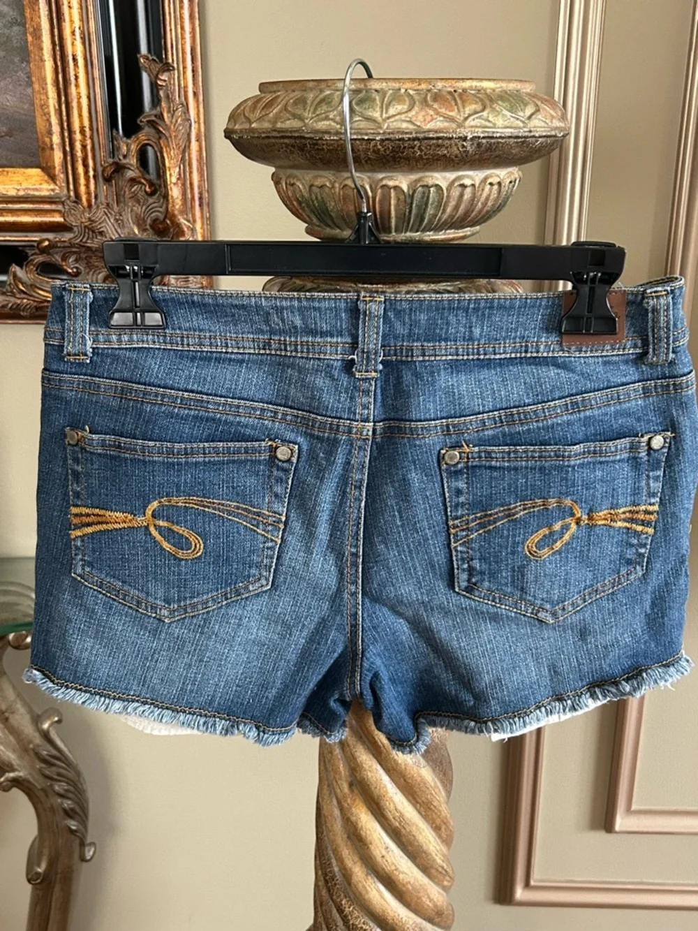 Justice Medium Wash Frayed Hem Denim Shorts Low Rise Y2K Sequin Trim Girls 12